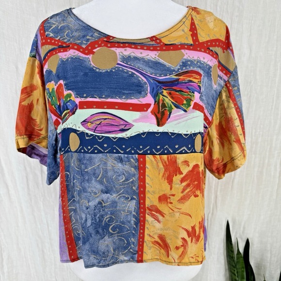 Platinum By Dorothy Schoelen Tops - 90s Colorful Artsy Indie Crop Top S Abstract Maximalist Funky Retro Vtg Rayon
